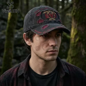 Distressed black Slayer baseball cap with red embroidered text, band logo, and ripped fabric details on a man in a forest!
