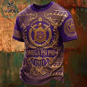 Purple and gold Omega Psi Phi t-shirt with Greek key patterns, 3D shield emblem, and 1911 text in a royal design!