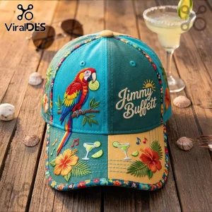 Jimmy Buffett baseball cap featuring embroidered parrot, hibiscus flowers, margarita glasses, and tropical patterns.!