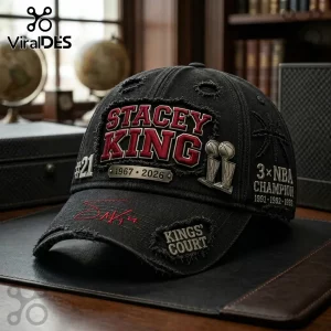 Black distressed denim baseball cap featuring Stacey King embroidery, metal NBA trophy pins, and championship dates.!