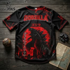 Black Godzilla baseball jersey featuring red graphic of monster, city skyline, and Japanese text on wood background.!