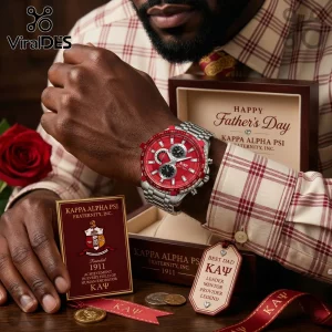 Kappa Alpha Psi wrist watch with red face, silver band, and wooden gift box reading Happy Father's Day on a wooden table.!