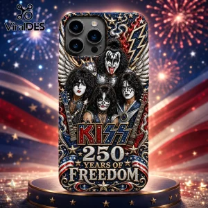 KISS band iPhone case featuring face-painted members, American flag motifs, and 250 Years of Freedom text against fireworks.!