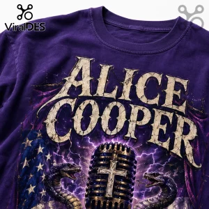 Purple Alice Cooper band t-shirt with cracked beige text, a gold microphone with a cross, and two snakes.!
