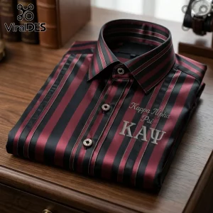 Folded men's dress shirt with maroon and black vertical stripes, featuring embroidered Kappa Alpha Psi lettering.!