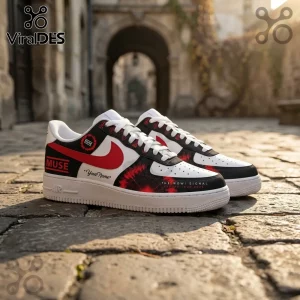 Custom Muse themed sneakers with black, white, and red panels, featuring The Wow Signal graphics on a cobblestone street.!