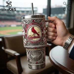 St. Louis Cardinals stainless steel tumbler featuring embossed stadium, baseball motifs, red crystals, and Yeti branding.!