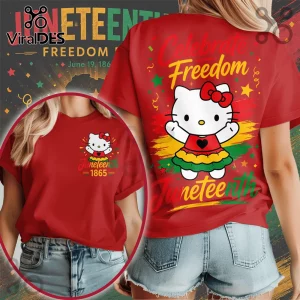 Red cotton t-shirt with Hello Kitty graphic, Juneteenth 1865 text, and Pan-African color accents on front and back.!
