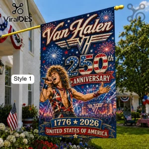 Van Halen 250th anniversary garden flag featuring a singer, American flag motifs, fireworks, and text reading 1776-2026.!