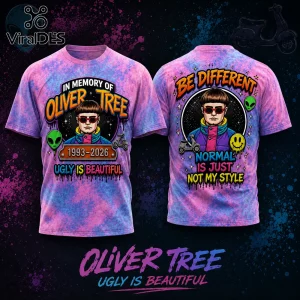 Oliver Tree graphic tee in pink and blue tie-dye featuring custom text, alien icons, and motor scooter illustrations.!