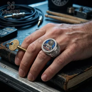 Silver ring featuring a round inlay with a wild-haired character, number 50, and text on a deep blue background.!