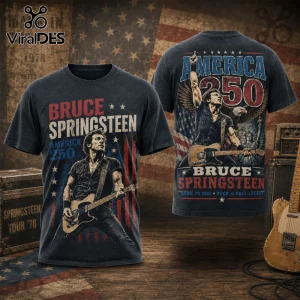 Bruce Springsteen black graphic t-shirt featuring America 250 text, eagle, Statue of Liberty, and vintage flag design.!