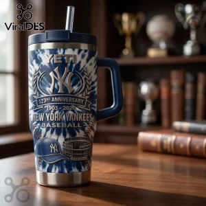 New York Yankees 123rd anniversary YETI tumbler with blue tie-dye pattern, stadium icon, cap graphic, and metal straw.!
