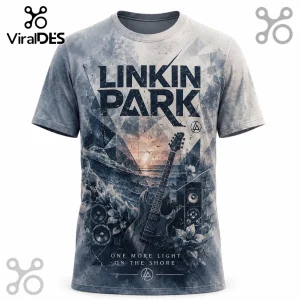 Linkin Park graphic t-shirt featuring electric guitar, speakers, sunset, ocean waves, and One More Light text.!