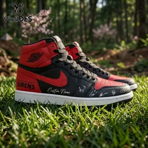 Custom high-top leather sneaker in red and black with Sleeping With Sirens logo, white signatures, and forest background.!