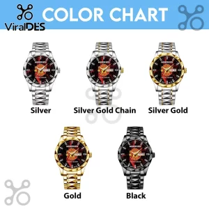 Five Manchester United themed wristwatches in silver, silver-gold, gold, and black finishes with customized dial faces.!