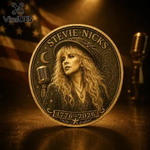 Bronze-toned Stevie Nicks commemorative coin featuring a relief portrait, a microphone, a moon, and text 1776-2026.!