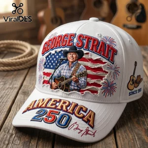 White baseball cap featuring George Strait embroidery, American flag print, firework designs, and America 250 lettering.!