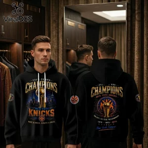 Black hooded sweatshirt with New York Knicks 2026 NBA Champions graphics, trophy imagery, and city skyline print.!