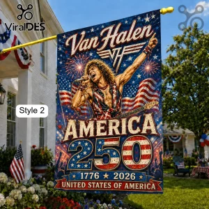 Van Halen America 250 garden flag featuring David Lee Roth with a guitar, American flags, fireworks, and 1776-2026 text.!