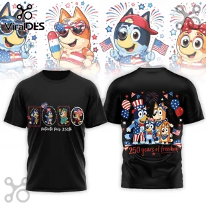 Black t-shirt featuring Bluey characters in patriotic Fourth of July costumes with text Patriotic Pals 250th and freedom.!