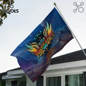 Journey Final Frontier Tour 2026 flag featuring a blue space graphic with a flaming phoenix logo on a metal flagpole.!