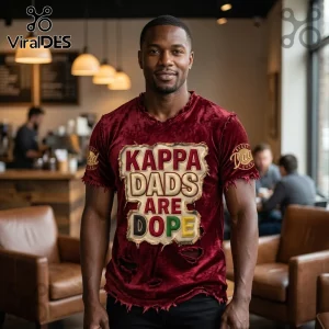Man wearing distressed burgundy velvet t-shirt with KAPPA DADS ARE DOPE text patch and Best Dad Ever sleeve embroidery.!