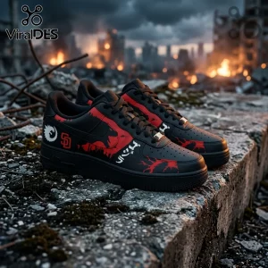 Black and red Godzilla themed sneakers featuring Japanese text and creature silhouettes on a destroyed urban background.!