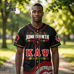 Black baseball jersey with Juneteenth text, Kappa Alpha Psi Greek letters, and red, black, green, and gold cultural patterns.!