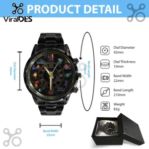 Black stainless steel wristwatch with Roman numeral dial featuring fantasy monster icons and 42mm casing dimensions.!