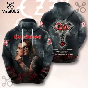 Ozzy Osbourne black hoodie featuring a portrait, mask, Gothic cross graphic, and red roses with white drawstring hood.!