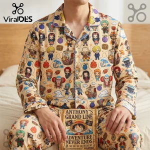 Tan long-sleeve pajama set with One Piece anime character pattern, buttons, and a Luffy themed wanted poster prop.!