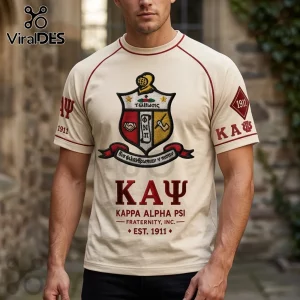 Kappa Alpha Psi cream t-shirt with embroidered fraternity crest, Greek letters, and red trim on raglan sleeves.!