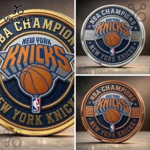New York Knicks 2026 NBA Champions commemorative coins in gold, silver, and copper finishes with team logos and basketballs.!