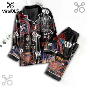 Black silk-style pajama set with KISS band members, logos, and End of the Road tour graphics on a white background.!
