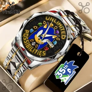 Sonic the Hedgehog stainless steel watch with black dial, gold accents, gem indices, and 35th anniversary hang tag.!