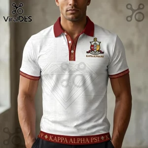 Kappa Alpha Psi polo shirt in white with crimson collar, Greek letter patterns, diamond graphic, and fraternity crest.!