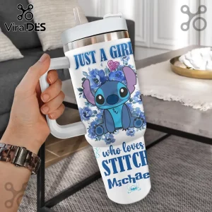 White 40oz stainless steel tumbler with Stitch character, blue floral patterns, and personalized name text.!