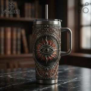 Stainless steel tumbler featuring an embossed copper sun-eye emblem with filigree detailing on a dark gray background.!