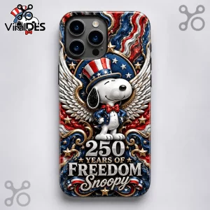 iPhone case featuring Snoopy in an Uncle Sam hat and wings over a red, white, and blue patriotic 250 years of freedom design.!