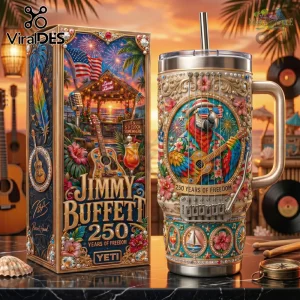 Jimmy Buffett 250 Years of Freedom Yeti tumbler and box with parrot, American flag, guitar, and floral motifs at sunset.!