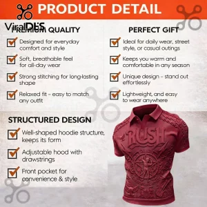 Maroon polo shirt featuring Rush 2112 and Clockwork Angels embossed graphic prints with text details and logo icons.!
