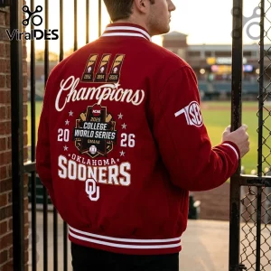 Red wool Oklahoma Sooners varsity jacket with white embroidery featuring 2026 College World Series Champions graphics.!