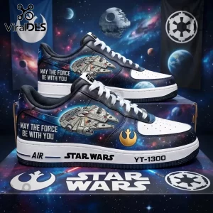 Star Wars themed leather sneakers featuring Millennium Falcon art, white laces, and space galaxy print on a printed box.!