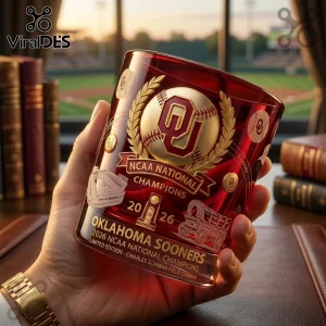 Oklahoma Sooners 2026 NCAA National Champions whiskey glass with gold embossed baseball logo and stadium imagery.!