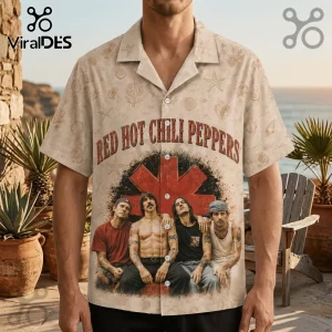 Beige button-up shirt featuring Red Hot Chili Peppers band members, red asterisk logo, and seashell pattern print.!