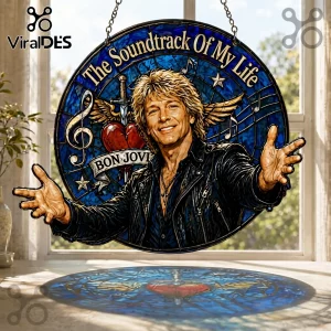 Round stained-glass hanging decor featuring Jon Bon Jovi with text reading The Soundtrack Of My Life and Bon Jovi.!
