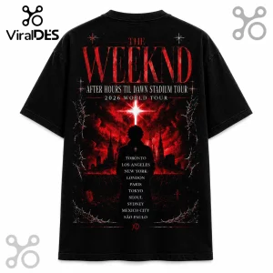 Black graphic t-shirt featuring The Weeknd After Hours Til Dawn 2026 tour print with red skyline and concert city list.!