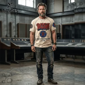Cream baseball-style t-shirt featuring a red Rush logo, blue star emblem, and text reading Spirit of Progressive Rock 1968.!