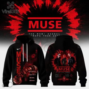Black hooded sweatshirt with red graphics featuring band Muse, The Wow! Signal Europa Tour 2026 text, and tour dates.!